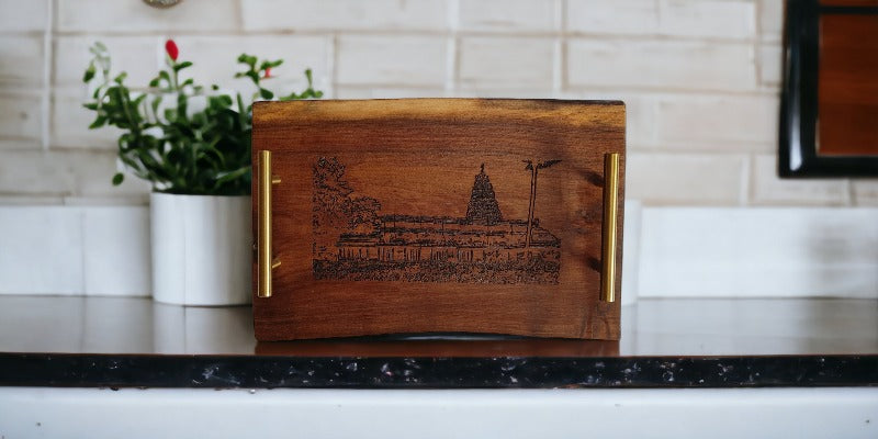 Black Walnut Live Edge board with handles and custom engraved art