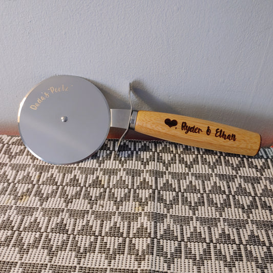 Personalized Laser Engraved Bamboo & Steel Pizza Cutter