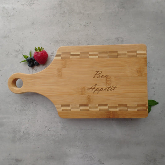 Paddle shaped Bamboo Board Cutting Board Engraved "Bon Appetit"