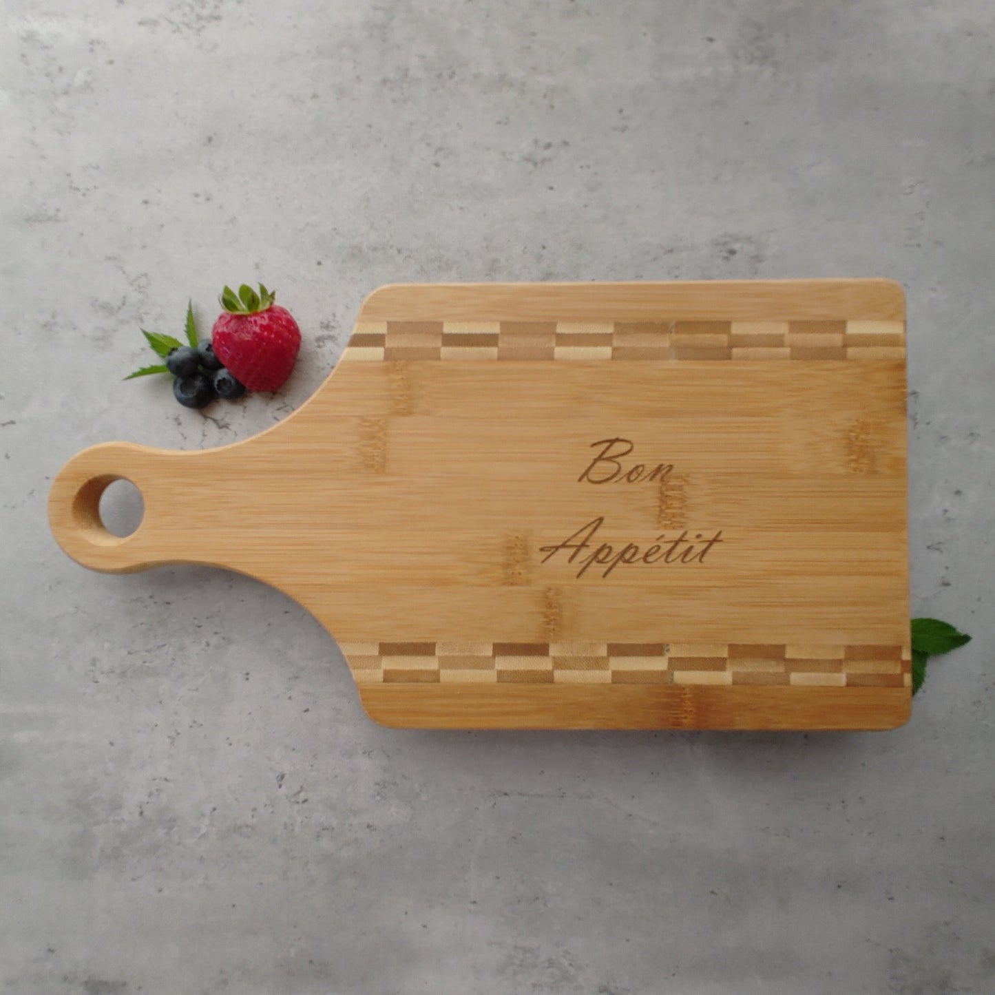 Paddle shaped Bamboo Board Cutting Board Engraved "Bon Appetit"