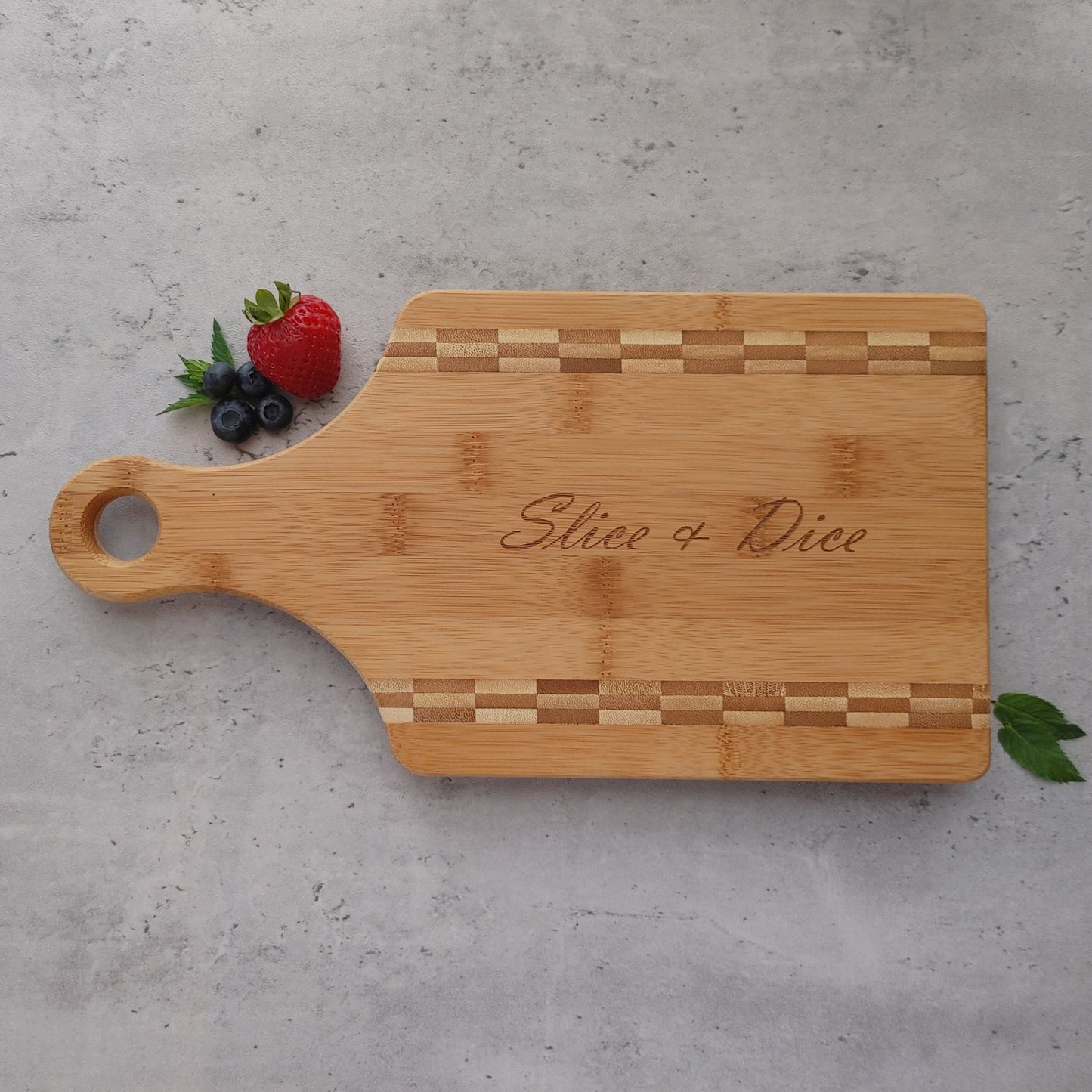 Paddle shaped Bamboo Board Cutting Board Engraved "Slice & Dice"