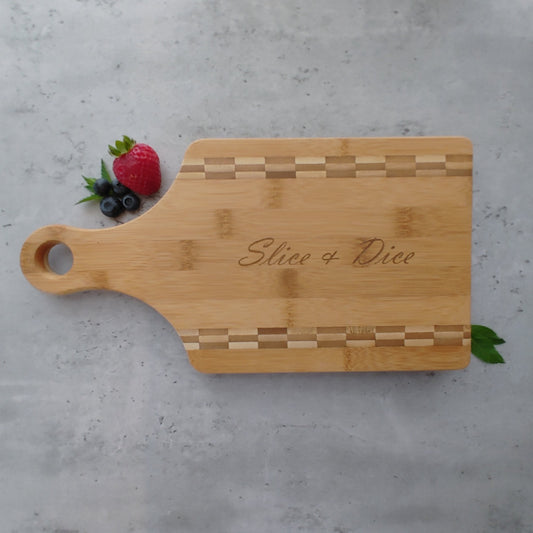 Paddle shaped Bamboo Board Cutting Board Engraved "Slice & Dice"