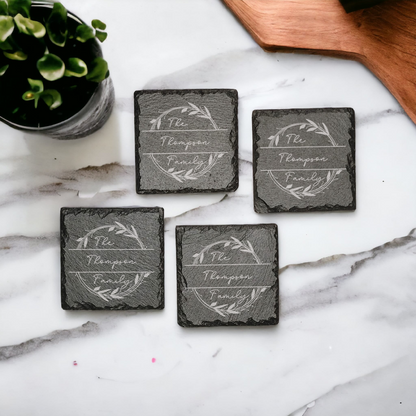 Family name monogram (Style 2) on set of 4 slate coasters with font of your choice