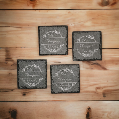 Family name monogram (Style 2) on set of 4 slate coasters with font of your choice