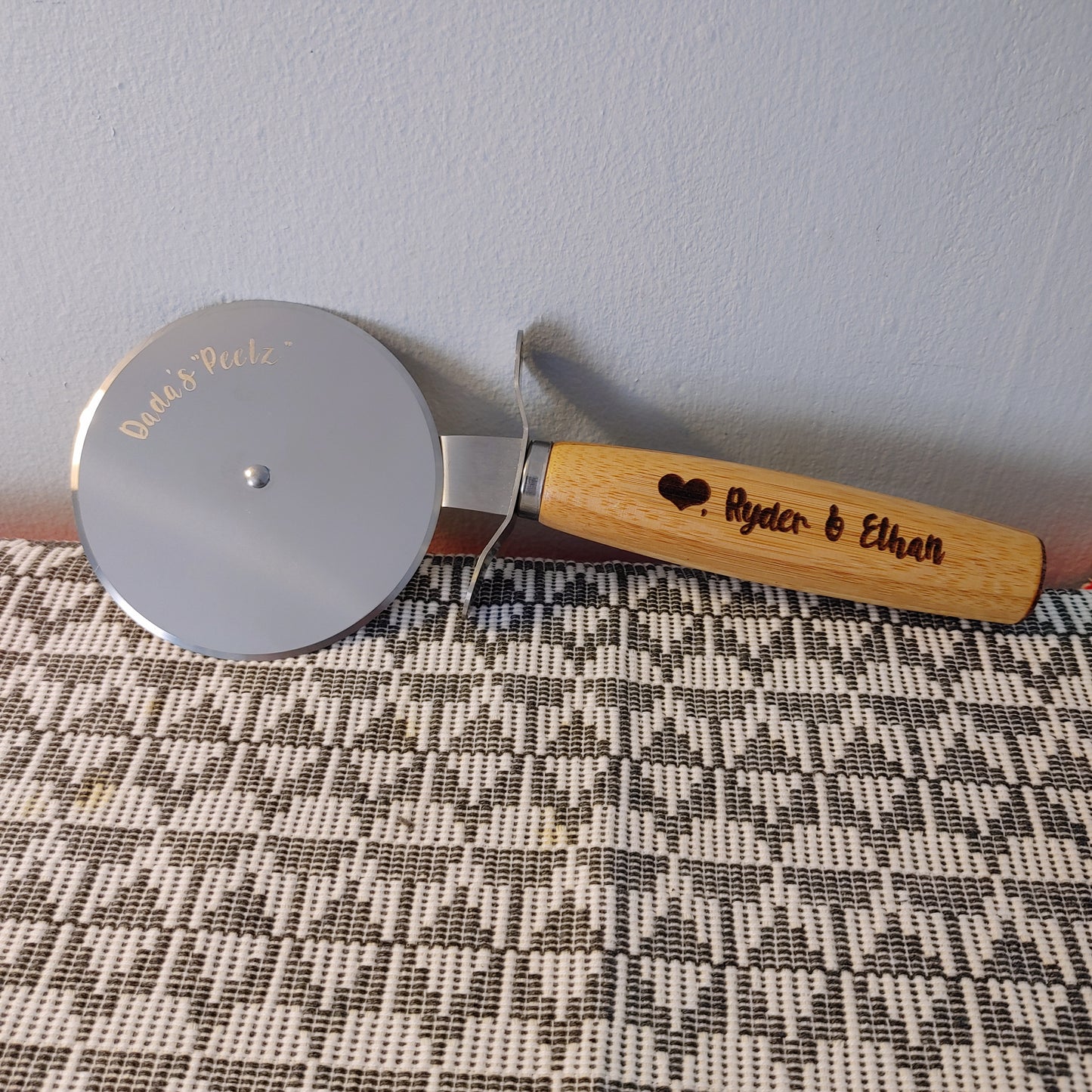 Personalized Laser Engraved Bamboo & Steel Pizza Cutter