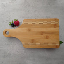 Load image into Gallery viewer, Paddle shaped Bamboo Board Cutting Board Engraved &quot;Slice &amp; Dice&quot;
