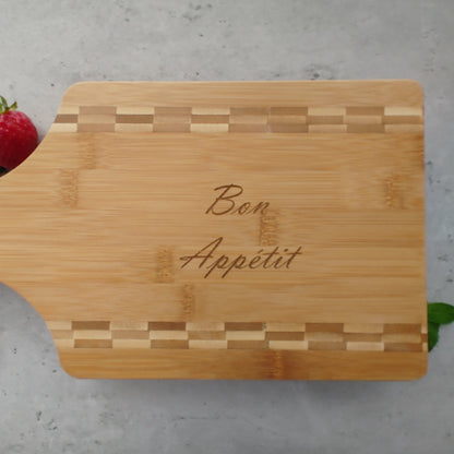Paddle shaped Bamboo Board Cutting Board Engraved "Bon Appetit"
