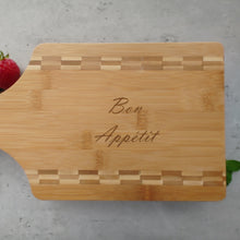 Load image into Gallery viewer, Paddle shaped Bamboo Board Cutting Board Engraved &quot;Bon Appetit&quot;
