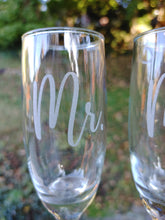 Load image into Gallery viewer, Set of two Champagne Flute Mr. Mrs. for Weddings, Special Occasions, Toasting glasses for Bride &amp; Groom

