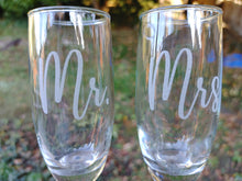 Load image into Gallery viewer, Set of two Champagne Flute Mr. Mrs. for Weddings, Special Occasions, Toasting glasses for Bride &amp; Groom
